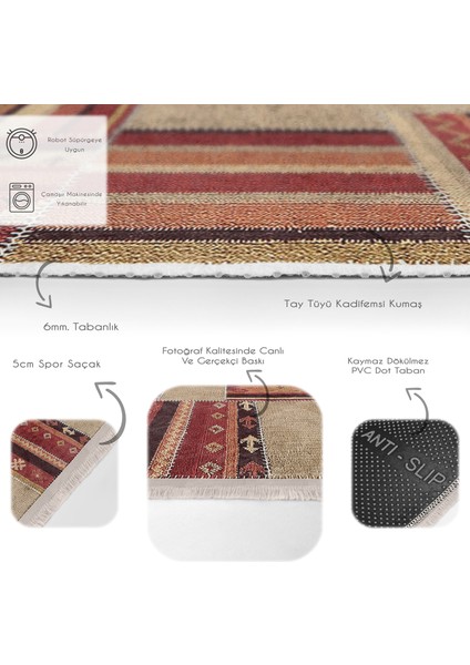 Krem - Kahverengi Zeminde Patchwork Motifli Etnik Desenli Etnik Motifler Vintage Dijital Baskılı Makinede Yıkanabilir Kaymaz Taban Saçaklı Halı fırsatları