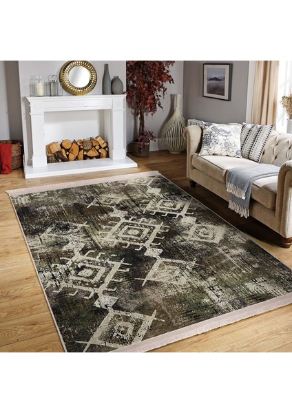 Kahverengi - Beyaz Zeminde Otantik Motifli Kilim Desenli Eskitme Motifli Vintage Dijital Baskılı Makinede Yıkanabilir Kaymaz Taban Saçaklı Halı