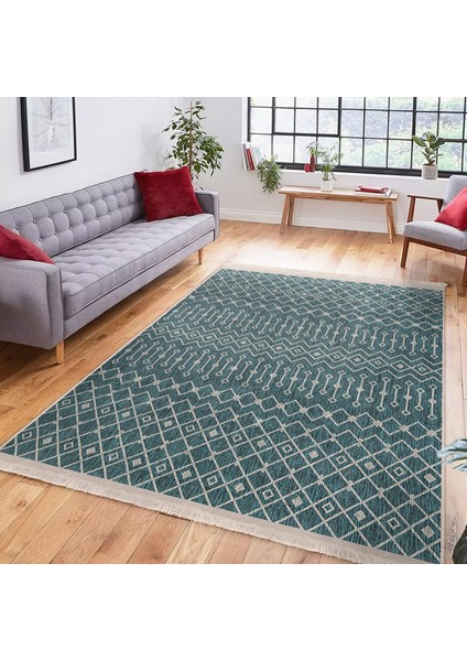 Mavi Zeminde Etnik Motifli Örgü Desenli Etnik Motifler Vintage Dijital Baskılı Makinede Yıkanabilir Kaymaz Taban Saçaklı Halı