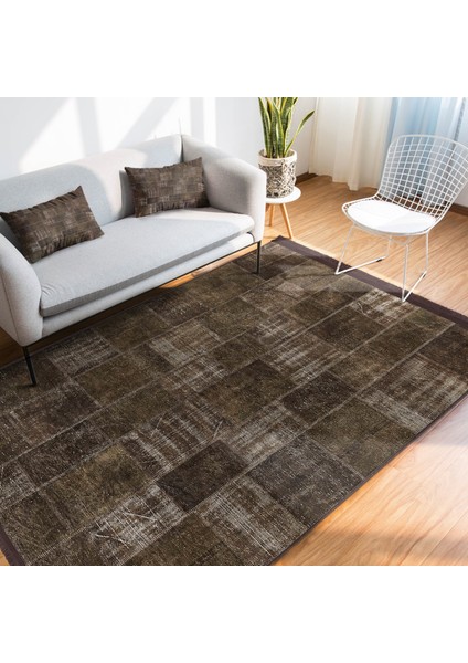 Kahverengi Zeminde Patchwork Motifli Yöresel Desenli Vintage Eskitme Motifli Dijital Baskılı Makinede Yıkanabilir Kaymaz Taban Saçaklı Halı fiyatları