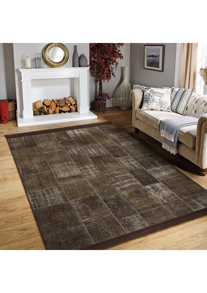 Kahverengi Zeminde Patchwork Motifli Yöresel Desenli Vintage Eskitme Motifli Dijital Baskılı Makinede Yıkanabilir Kaymaz Taban Saçaklı Halı indirimleri