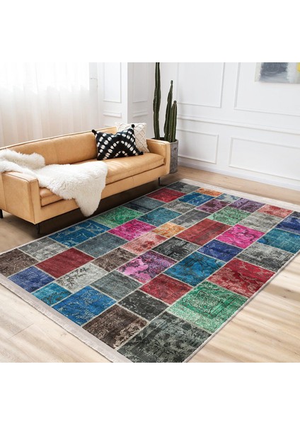 Çok Renkli Zeminde Kırkyama Motifli Patchwork Desenli Vintage Klasik Dijital Baskılı Makinede Yıkanabilir Kaymaz Taban Saçaklı Halı fiyatları
