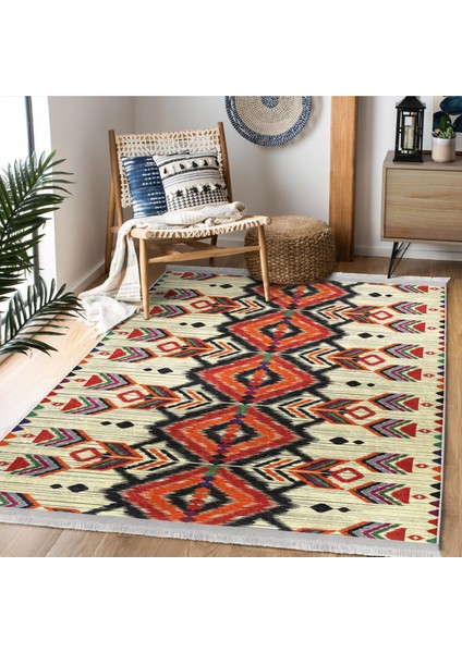 Krem - Bej Zeminde Geleneksel Motifli Geometrik Desenli Etnik Motifler Vintage Dijital Baskılı Makinede Yıkanabilir Kaymaz Taban Saçaklı Halı