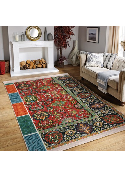 Antika Zeminde Etnik Motifli Kilim Desenli Etnik Motifler Avangarde Dijital Baskılı Makinede Yıkanabilir Kaymaz Taban Saçaklı Halı