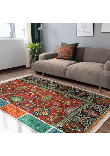 Antika Zeminde Etnik Motifli Kilim Desenli Etnik Motifler Avangarde Dijital Baskılı Makinede Yıkanabilir Kaymaz Taban Saçaklı Halı indirimleri