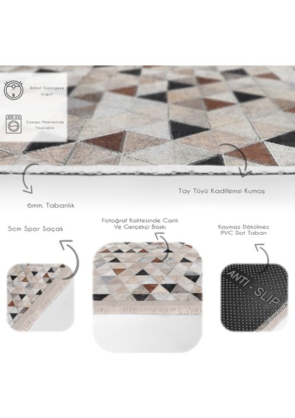 Krem - Kahverengi Zeminde Patchwork Motifli Geleneksel Desenli Geometrik Dijital Baskılı Makinede Yıkanabilir Kaymaz Taban Saçaklı Halı fırsatları