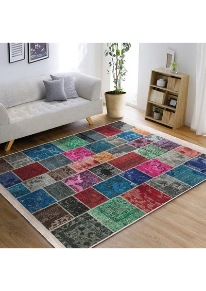 Çok Renkli Zeminde Kırkyama Motifli Patchwork Desenli Vintage Klasik Dijital Baskılı Makinede Yıkanabilir Kaymaz Taban Saçaklı Halı indirimleri
