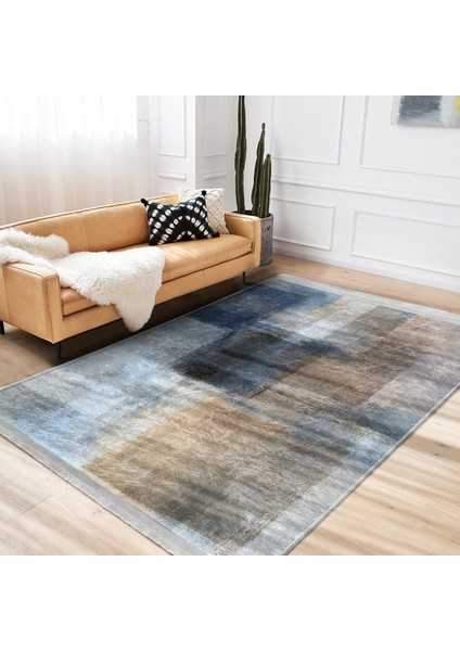 Lacivert Zeminde Yağlı Boya Motifli Modern Sanat Desenli Modern Dijital Baskılı Makinede Yıkanabilir Kaymaz Taban Saçaklı Halı modelleri