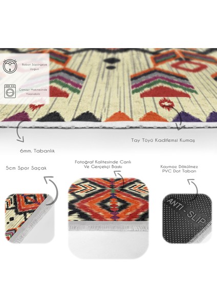 Krem - Bej Zeminde Geleneksel Motifli Geometrik Desenli Etnik Motifler Vintage Dijital Baskılı Makinede Yıkanabilir Kaymaz Taban Saçaklı Halı fırsatları
