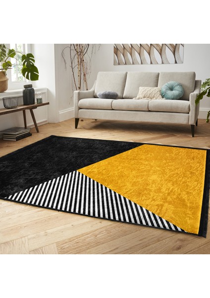 Sarı - Siyah Zeminde Geometrik Motifli Modern Desenli Geometrik Dijital Baskılı Makinede Yıkanabilir Kaymaz Taban Saçaklı Halı fiyatları