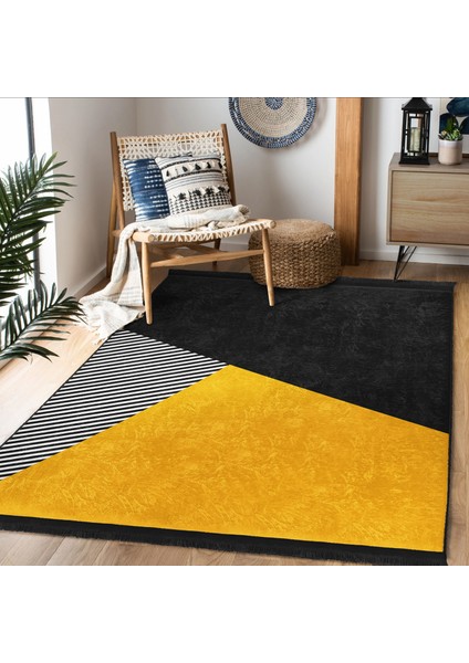 Sarı - Siyah Zeminde Geometrik Motifli Modern Desenli Geometrik Dijital Baskılı Makinede Yıkanabilir Kaymaz Taban Saçaklı Halı indirimleri