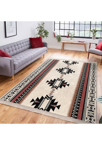 Ekru Zeminde Vintage Motifli Geleneksel Desenli Geometrik Etnik Motifler Dijital Baskılı Makinede Yıkanabilir Kaymaz Taban Saçaklı Halı fiyatları