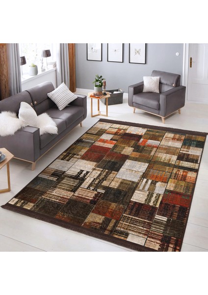 Kahverengi Zeminde Yağlı Boya Motifli Modern Sanat Desenli Klasik Modern Dijital Baskılı Makinede Yıkanabilir Kaymaz Taban Saçaklı Halı indirimleri