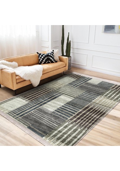 Kahverengi - Krem Zeminde Patchwork Motifli Örme Desenli Klasik Dijital Baskılı Makinede Yıkanabilir Kaymaz Taban Saçaklı Halı