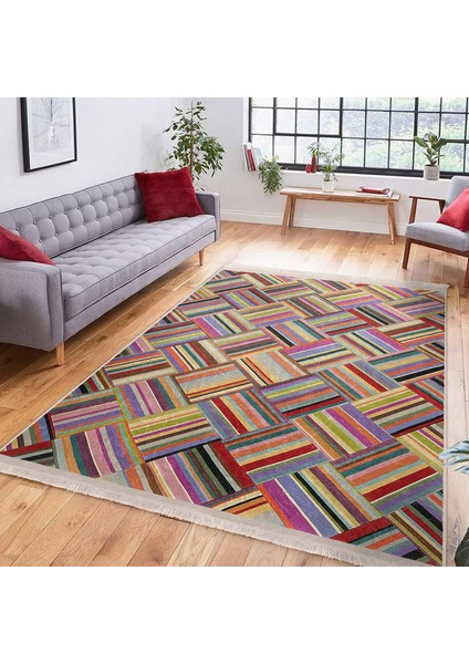 Çok Renkli Zeminde Patchwork Motifli Geleneksel Desenli Geometrik Klasik Koridor & Antre Banyo Dijital Baskılı Makinede Yıkanabilir Kaymaz Taban Saçaklı Halı