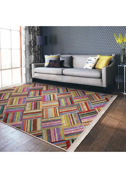 Çok Renkli Zeminde Patchwork Motifli Geleneksel Desenli Geometrik Klasik Koridor & Antre Banyo Dijital Baskılı Makinede Yıkanabilir Kaymaz Taban Saçaklı Halı modelleri
