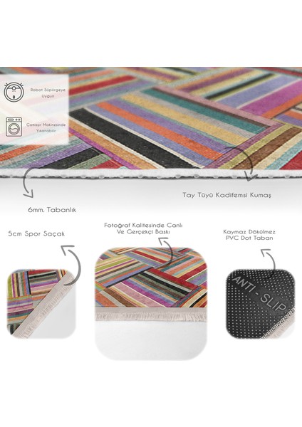 Çok Renkli Zeminde Patchwork Motifli Geleneksel Desenli Geometrik Klasik Koridor & Antre Banyo Dijital Baskılı Makinede Yıkanabilir Kaymaz Taban Saçaklı Halı fırsatları