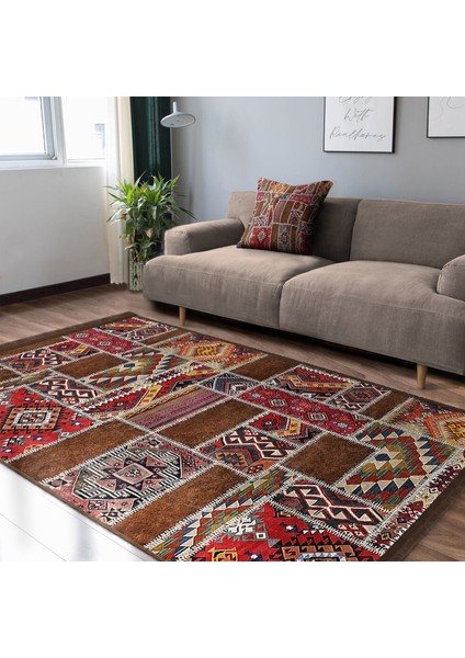 Kırmızı Zeminde Patchwork Motifli Etnik Desenli Etnik Motifler Vintage Dijital Baskılı Makinede Yıkanabilir Kaymaz Taban Saçaklı Halı