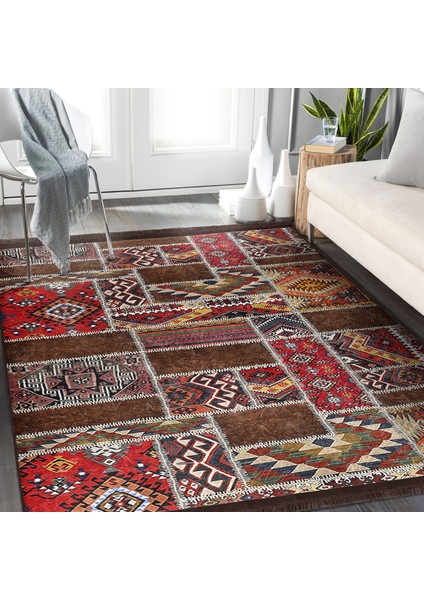 Kırmızı Zeminde Patchwork Motifli Etnik Desenli Etnik Motifler Vintage Dijital Baskılı Makinede Yıkanabilir Kaymaz Taban Saçaklı Halı modelleri