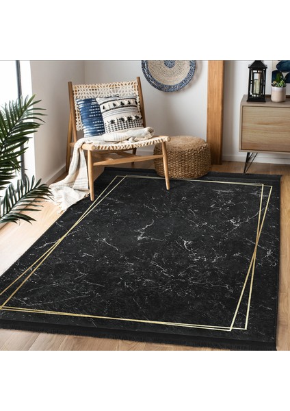 Siyah - Gold Zeminde Çerçeveli Motifli Mermer Desenli Geometrik Dijital Baskılı Makinede Yıkanabilir Kaymaz Taban Saçaklı Halı