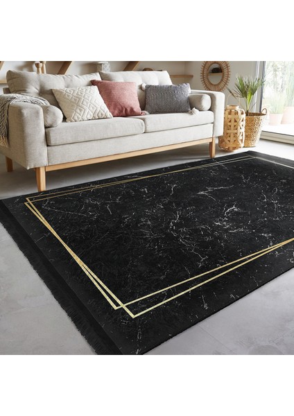 Siyah - Gold Zeminde Çerçeveli Motifli Mermer Desenli Geometrik Dijital Baskılı Makinede Yıkanabilir Kaymaz Taban Saçaklı Halı