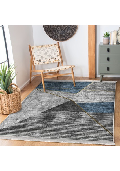 Gri - Mavi Zeminde Geometrik Motifli Gold Desenli Geometrik Modern Dijital Baskılı Makinede Yıkanabilir Kaymaz Taban Saçaklı Halı