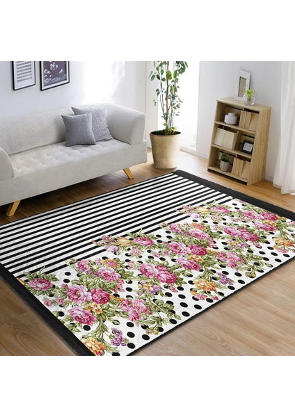 Siyah - Pembe Zeminde Geometrik Motifli Çiçek Desenli Geometrik Floral Dijital Baskılı Makinede Yıkanabilir Kaymaz Taban Saçaklı Halı fiyatları
