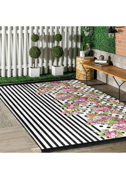 Siyah - Pembe Zeminde Geometrik Motifli Çiçek Desenli Geometrik Floral Dijital Baskılı Makinede Yıkanabilir Kaymaz Taban Saçaklı Halı indirimleri