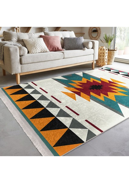 Krem Zeminde Geleneksel Motifli Kilim Desenli Etnik Motifler Geometrik Dijital Baskılı Makinede Yıkanabilir Kaymaz Taban Saçaklı Halı