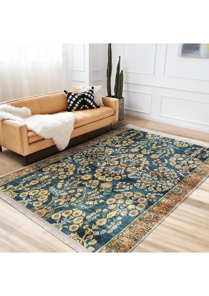 Mavi Zeminde Kilim Motifli Geometrik Desenli Vintage Avangarde Dijital Baskılı Makinede Yıkanabilir Kaymaz Taban Saçaklı Halı fiyatları