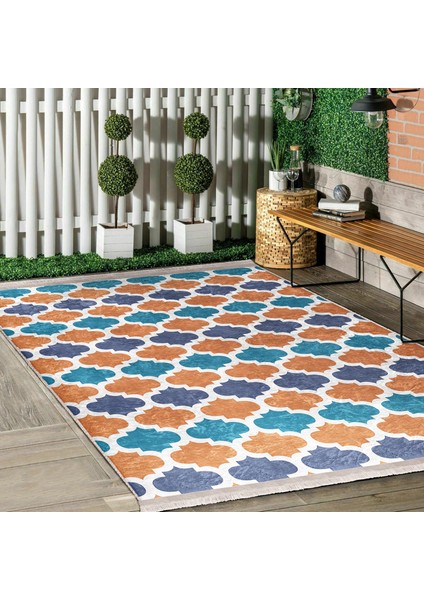 Beyaz Zeminde Morrocan Motifli Ogea Desenli Geometrik Koridor & Antre Banyo Dijital Baskılı Makinede Yıkanabilir Kaymaz Taban Saçaklı Halı indirimleri
