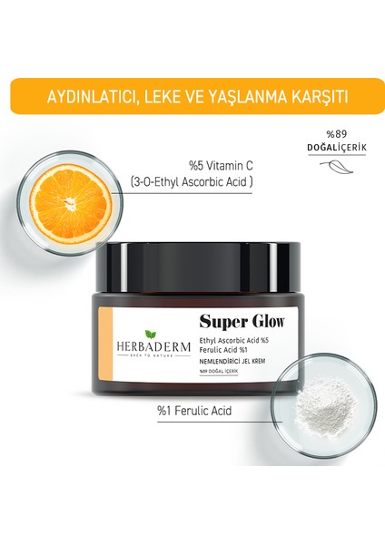 Aydınlatıcı, Leke Oluşumuna Karşı, Cilt Tonu Eşitleyici Nemlendirici Jel Krem SUPER GLOW Ethyl Ascorbic Acid %5 + Ferulik Asit %1 %89 Doğal İçerik fırsatları