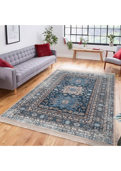 Mavi Zeminde Kilim Motifli Hereke Desenli Eskitme Motifli Avangarde Dijital Baskılı Makinede Yıkanabilir Kaymaz Taban Saçaklı Halı modelleri