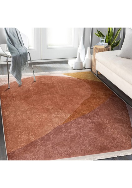 Kahverengi - Kiremit Zeminde Modern Sanat Motifli Tablo Desenli Bohem Modern Dijital Baskılı Makinede Yıkanabilir Kaymaz Taban Saçaklı Halı