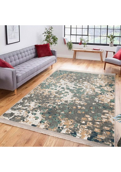 Gri - Krem Zeminde Eskitme Motifli Dokuma Halı Desenli Eskitme Motifli Vintage Dijital Baskılı Makinede Yıkanabilir Kaymaz Taban Saçaklı Halı