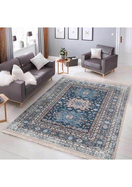 Mavi Zeminde Kilim Motifli Hereke Desenli Eskitme Motifli Avangarde Dijital Baskılı Makinede Yıkanabilir Kaymaz Taban Saçaklı Halı fiyatları