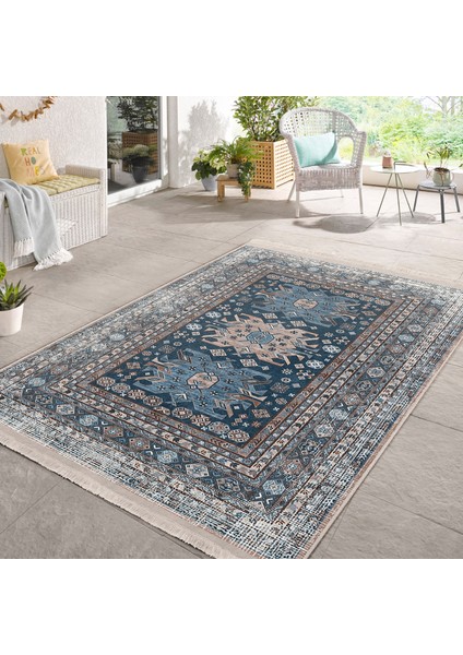 Mavi Zeminde Kilim Motifli Hereke Desenli Eskitme Motifli Avangarde Dijital Baskılı Makinede Yıkanabilir Kaymaz Taban Saçaklı Halı indirimleri