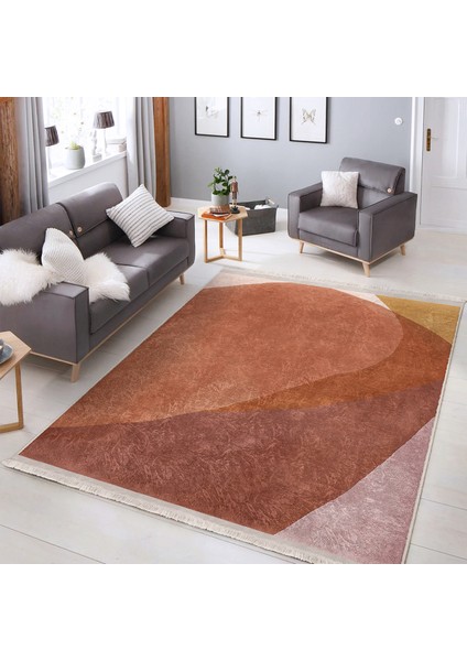 Kahverengi - Kiremit Zeminde Modern Sanat Motifli Tablo Desenli Bohem Modern Dijital Baskılı Makinede Yıkanabilir Kaymaz Taban Saçaklı Halı indirimleri