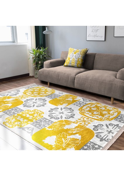 Sarı - Gri Zeminde Etnik Motifli Monogram Desenli Vintage Dijital Baskılı Makinede Yıkanabilir Kaymaz Taban Saçaklı Halı