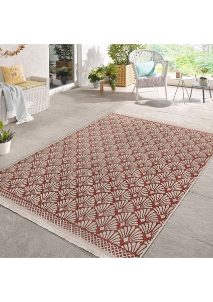 Kırmızı - Krem Zeminde Örgü Motifli Etnik Desenli Geometrik Dijital Baskılı Makinede Yıkanabilir Kaymaz Taban Saçaklı Halı