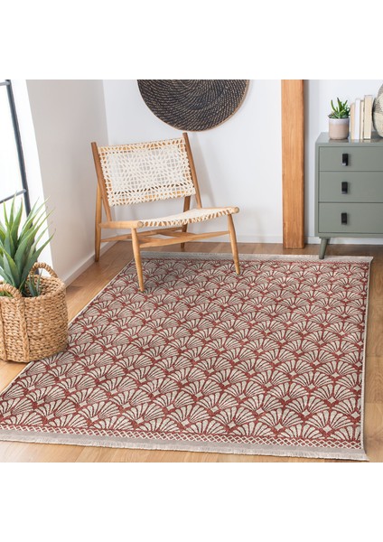 Kırmızı - Krem Zeminde Örgü Motifli Etnik Desenli Geometrik Dijital Baskılı Makinede Yıkanabilir Kaymaz Taban Saçaklı Halı modelleri