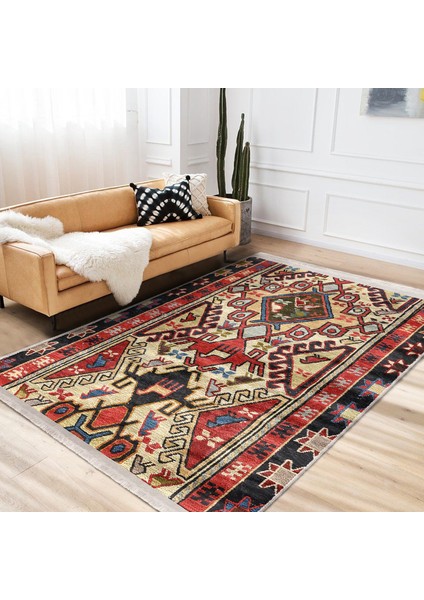 Kırmızı Zeminde Türkmen Motifli Kilim Desenli Avangarde Vintage Dijital Baskılı Makinede Yıkanabilir Kaymaz Taban Saçaklı Halı indirimleri