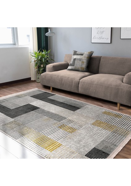 Ekru - Siyah Zeminde El Dokuma Motifli Kilim Desenli Geometrik Dijital Baskılı Makinede Yıkanabilir Kaymaz Taban Saçaklı Halı fiyatları