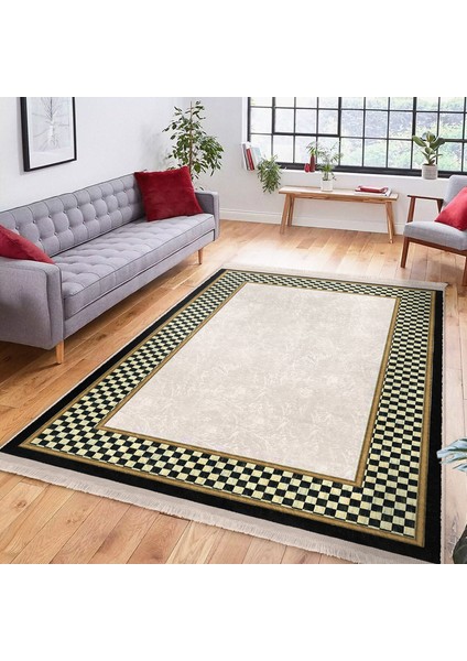 Gri Krem Zeminde Damalı Motifli Art Deco Desenli Klasik Dijital Baskılı Makinede Yıkanabilir Kaymaz Taban Saçaklı Halı