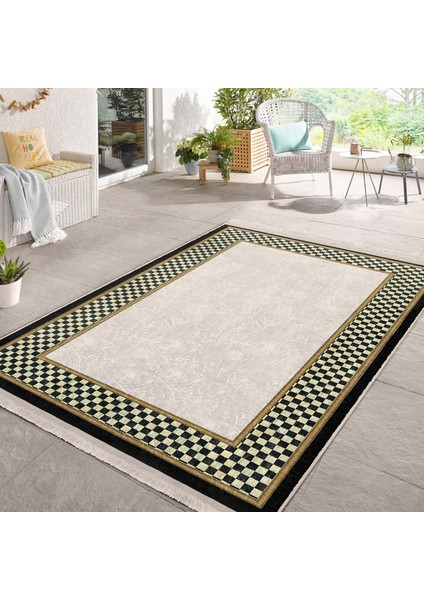 Gri Krem Zeminde Damalı Motifli Art Deco Desenli Klasik Dijital Baskılı Makinede Yıkanabilir Kaymaz Taban Saçaklı Halı fiyatları