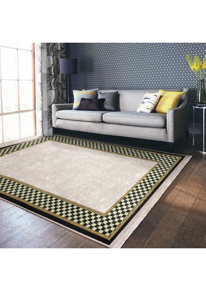 Gri Krem Zeminde Damalı Motifli Art Deco Desenli Klasik Dijital Baskılı Makinede Yıkanabilir Kaymaz Taban Saçaklı Halı modelleri