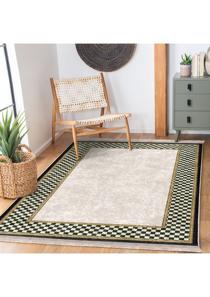 Gri Krem Zeminde Damalı Motifli Art Deco Desenli Klasik Dijital Baskılı Makinede Yıkanabilir Kaymaz Taban Saçaklı Halı indirimleri
