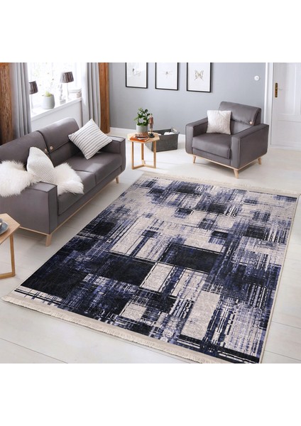 Mavi Zeminde Yağlı Boya Motifli Eskitme Desenli Modern Sade & Şık Salon & Oturma Odası Balkon Dijital Baskılı Makinede Yıkanabilir Kaymaz Taban Saçaklı Halı fiyatları