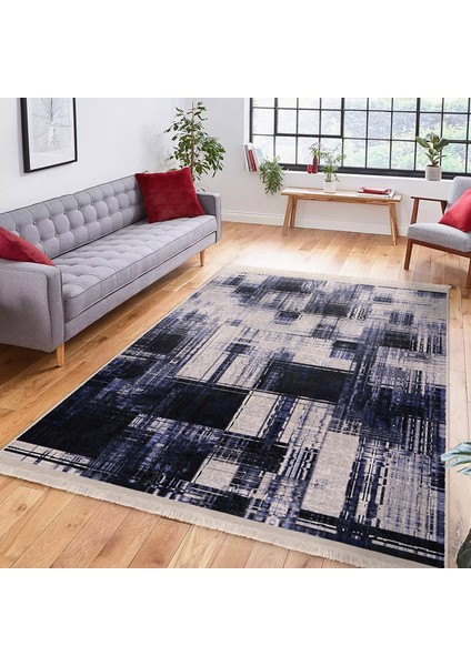 Mavi Zeminde Yağlı Boya Motifli Eskitme Desenli Modern Sade & Şık Salon & Oturma Odası Balkon Dijital Baskılı Makinede Yıkanabilir Kaymaz Taban Saçaklı Halı modelleri