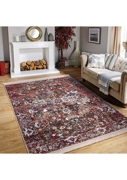 Kırmızı Zeminde Dokuma Halı Motifli Kilim Desenli Etnik Motifler Eskitme Motifli Dijital Baskılı Makinede Yıkanabilir Kaymaz Taban Saçaklı Halı